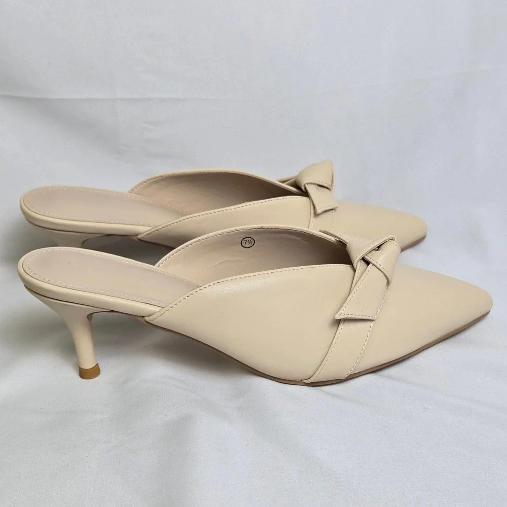 Bow Knot Pointed Toe Kitten Heel Mules Cream Unbranded Neutral Women's Size 7.5 - Picture 9 of 15